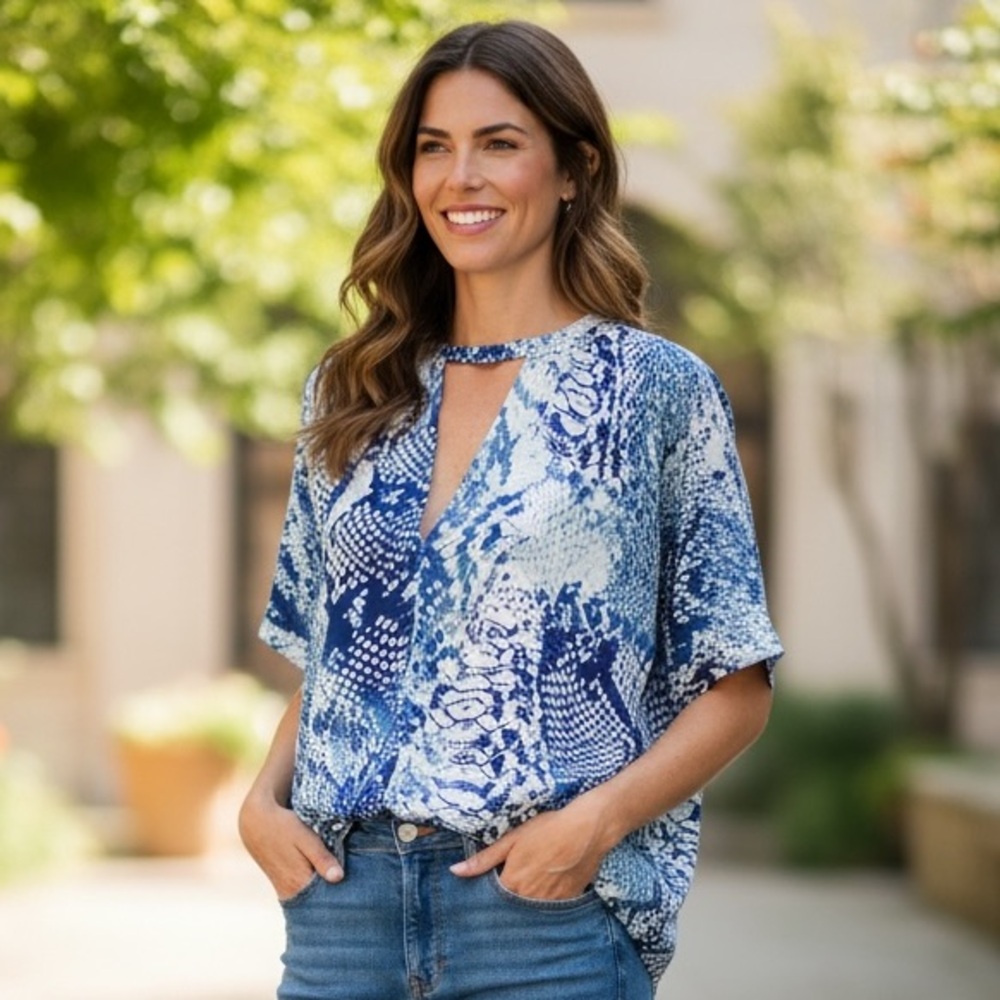 Olivaceous Blue Patterned V-Neck Blouse